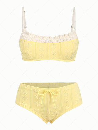 Yellow Floral Jacquard Textured Bowknot Cheeky Boyshorts Bikini Set