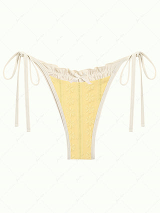 Yellow Floral Jacquard Textured Bowknot Tie Side Cheeky Bikini Bottom