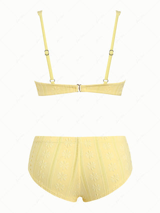 Yellow Jacquard Textured Lace Bowknot Underwire Cheeky Boyshorts Bikini Set