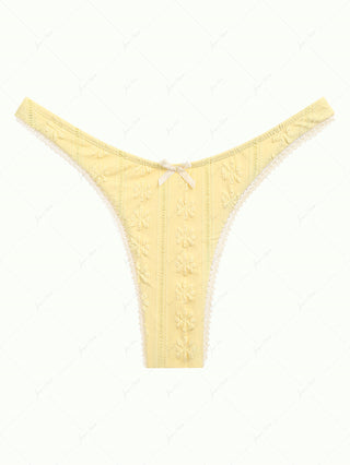 Yellow Floral Jacquard Textured Lace Bowknot Thong Bikini Bottom