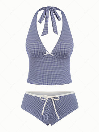 Deep Blue Vintage Plaid Deep V Neck Cheeky Boyshorts Tankini Set