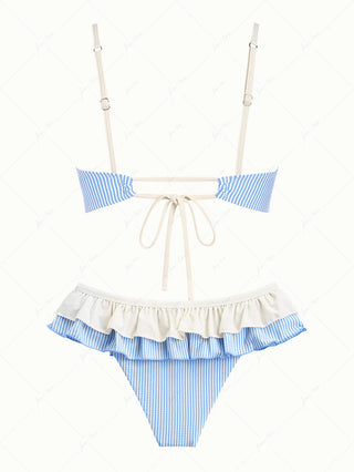 Light Blue Striped Spliced Ruched Peplum Skirted Bikini Set