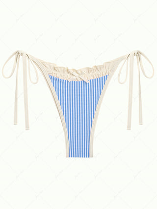Sky Blue Striped Spliced Ruched Tie Side Cheeky Bikini Bottom