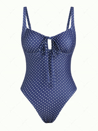 Deep Blue Vintage Polka Dot Full Coverage One-piece Swimsuit