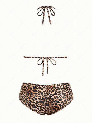 Vintage Leopard Lace Bowknot Halter Triangle Cheeky Boyshorts Bikini Set