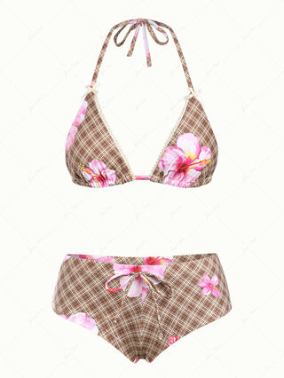 Coffee Vintage Plaid Floral Hibiscus Triangle Cheeky Boyshorts Bikini Set