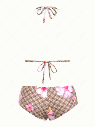Coffee Vintage Plaid Floral Hibiscus Triangle Cheeky Boyshorts Bikini Set