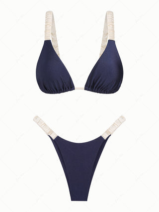 Deep Blue Contrast Color Triangle High Leg Bikini Set