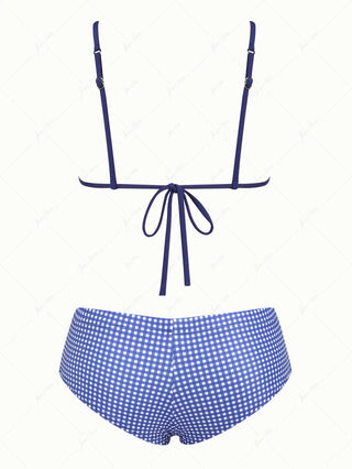 Deep Blue Plaid Floral Hibiscus Bowknot Triangle Cheeky Boyshorts Bikini Set