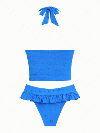 Blue Recycled Fabric Jacquard Bowknot Halter Skirtini Tankini Set
