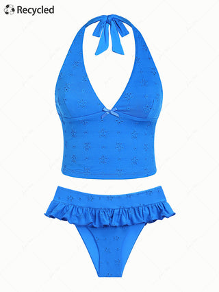 Blue Recycled Fabric Jacquard Bowknot Halter Skirtini Tankini Set