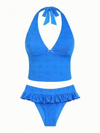 Blue Recycled Fabric Jacquard Bowknot Halter Skirtini Tankini Set