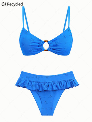 Blue Recycled Fabric Jacquard O Ring Skirtini Bikini Set
