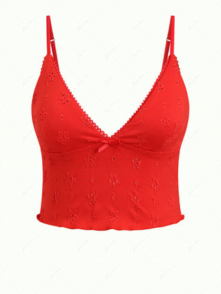 Red Recycled Fabric Jacquard Lace Bowknot Bikini Tankini Top