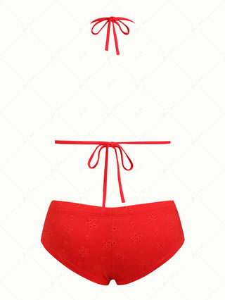 Red Recycled Fabric Jacquard Faux Pearl Halter Triangle Cheeky Boyshorts Bikini Set
