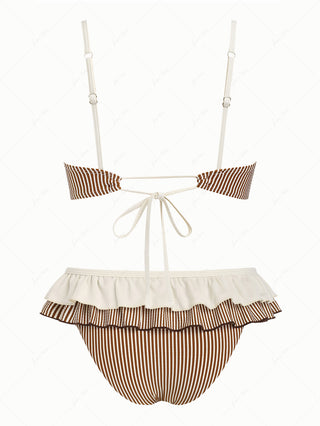 Coffee Striped Spliced Ruched Ruffles Bowknot Skirtini Bikini Set