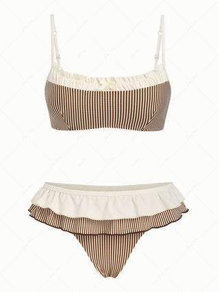Coffee Striped Spliced Ruched Ruffles Bowknot Skirtini Bikini Set