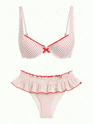 Crystal Cream Polka Dot Lace Bowknot Underwire Skirtini Bikini Set