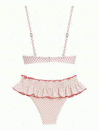 Crystal Cream Polka Dot Lace Bowknot Underwire Skirtini Bikini Set