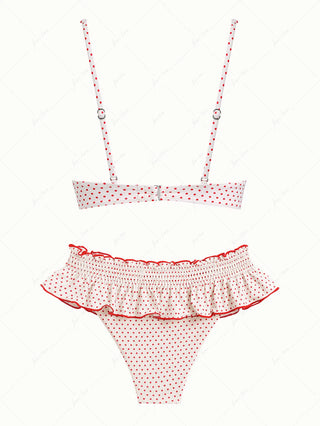 Crystal Cream Polka Dot Lace Bowknot Underwire Skirtini Bikini Set