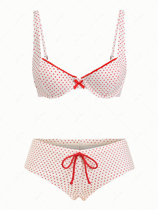 Crystal Cream Polka Dot Lace Bowknot Underwire Cheeky Boyshorts Bikini Set