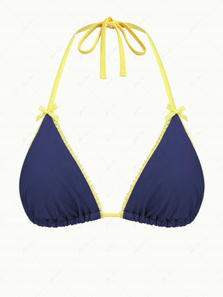 Deep Blue Contrast Lace Bowknot Halter Tied Triangle Bikini Top