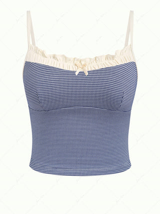 Deep Blue Vintage Plaid Spliced Ruffles Bowknot Bikini Tankini Top