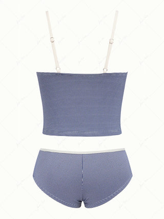 Deep Blue Vintage Plaid Spliced Ruffles Tank Top & Cheeky Boyshorts Tankini Set