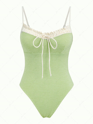 Green Plaid Vintage Spliced Ruched One-piece Swimsuit