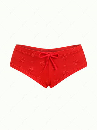 Red Recycled Fabric Jacquard Low Rise Bikini Bottom Cheeky Swim Boyshorts