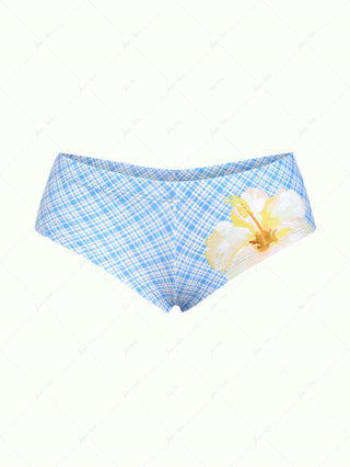 Light Blue Plaid Floral Low Rise Bikini Bottom Cheeky Swim Boyshorts