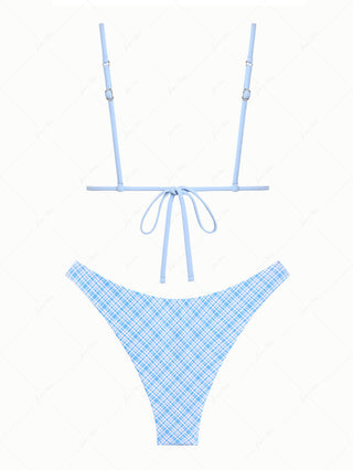 Light Blue Plaid Floral Hibiscus Bowknot Triangle Cheeky Bikini Set