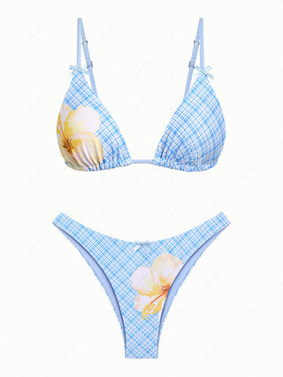 Light Blue Plaid Floral Hibiscus Bowknot Triangle Cheeky Bikini Set