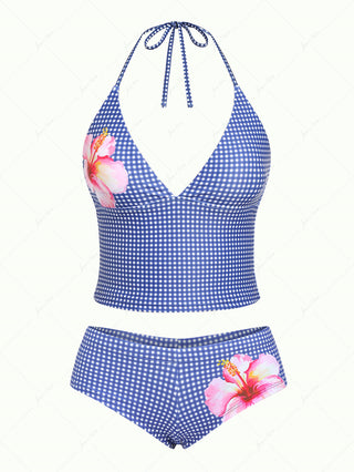 Deep Blue Plaid Floral Hibiscus Halter Tank Top & Cheeky Boyshorts Tankini Set