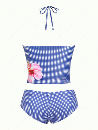 Deep Blue Plaid Floral Hibiscus Halter Tank Top & Cheeky Boyshorts Tankini Set