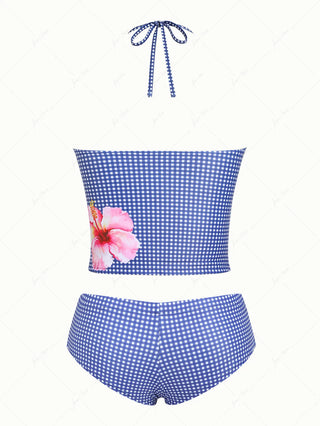 Deep Blue Plaid Floral Hibiscus Halter Tank Top & Cheeky Boyshorts Tankini Set