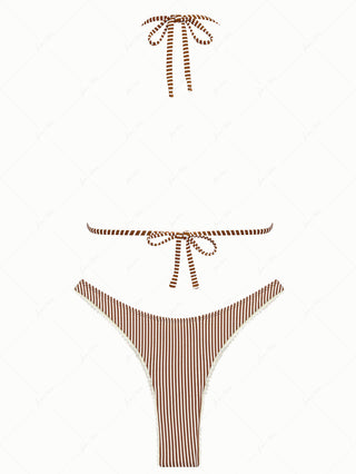 Coffee Striped Lace Bowknot Halter Triangle Cheeky Bikini Set
