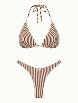 Coffee Striped Lace Bowknot Halter Triangle Cheeky Bikini Set