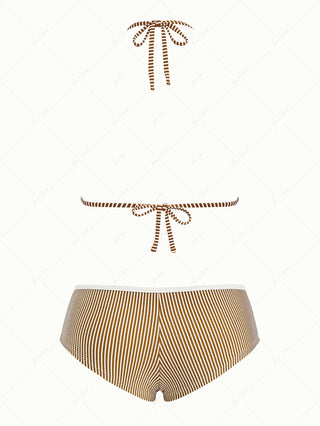 Coffee Striped Lace Bowknot Halter Triangle Cheeky Boyshort Bikini Set