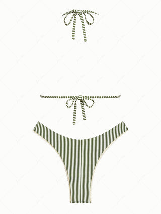 Green Striped Lace Bowknot Halter Triangle Cheeky Bikini Set