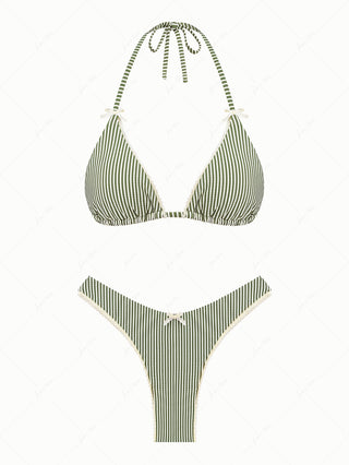 Green Striped Lace Bowknot Halter Triangle Cheeky Bikini Set