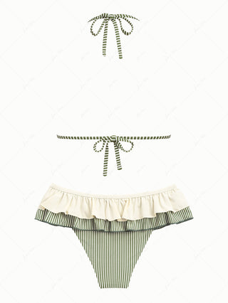 Green Striped Lace Bowknot Halter Triangle Skirtini Bikini Set