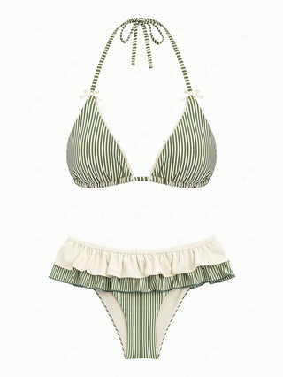 Green Striped Lace Bowknot Halter Triangle Skirtini Bikini Set