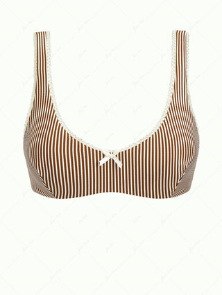 Coffee Striped Lace Bowknot Tank Bikini Top