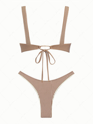 Coffee Striped Lace Bowknot Tank Style Cheeky Bikini Set