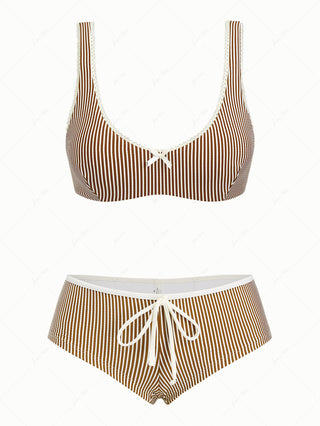Coffee Striped Lace Bowknot Tank Style Cheeky Boyshorts Bikini Set
