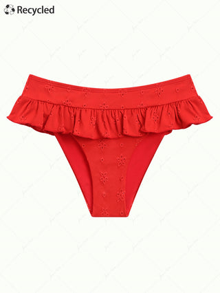 Red Recycled Fabric Jacquard Peplum Skirted Low Rise Bikini Bottom