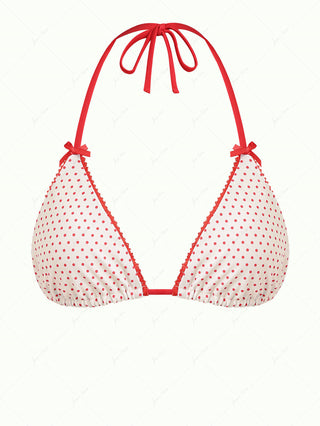 Crystal Cream Polka Dot Lace Bowknot Halter Triangle Bikini Top