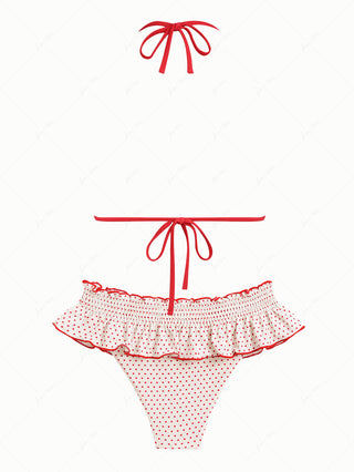 Crystal Cream Polka Dot Lace Bowknot Halter Triangle Skirtini Bikini Set