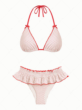 Crystal Cream Polka Dot Lace Bowknot Halter Triangle Skirtini Bikini Set